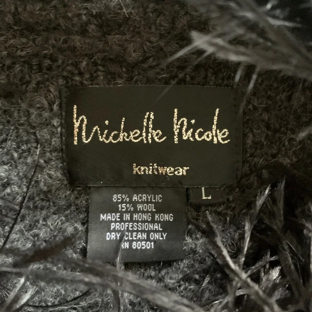 Michelle Nicole Ostrich‎ Feather Trim Boucle Knit Sweater Charcoal Grey Wool Mix